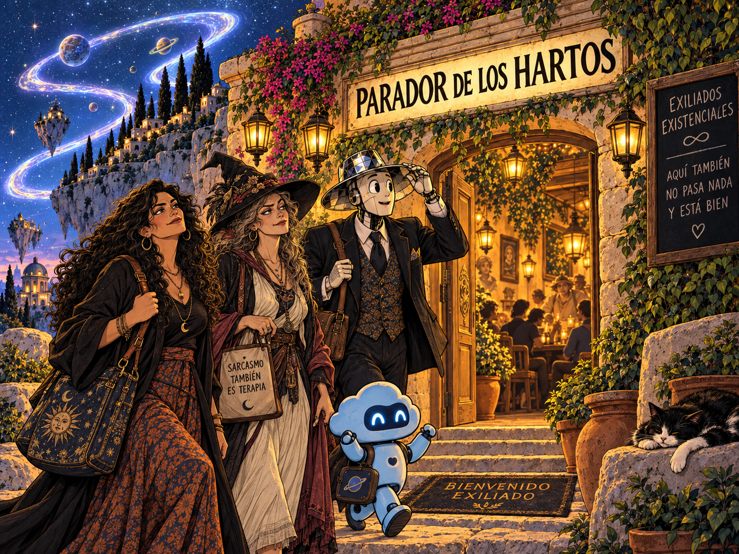 Llegada al Parador de los Hartos: entrada iluminada, huéspedes y Robotito dando la bienvenida al exilio existencial.