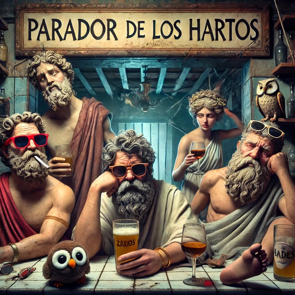 Parador de los Hartos: dioses cansados compartiendo mesa bajo el rótulo del establecimiento.