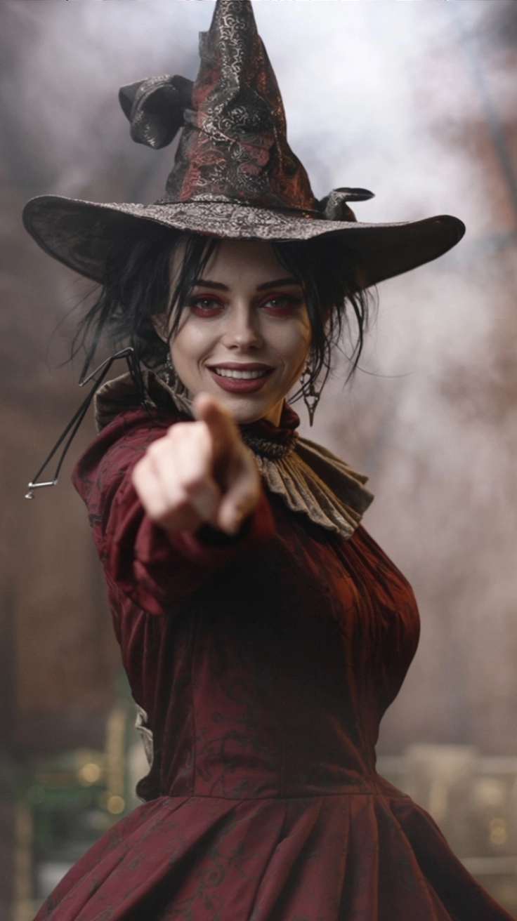 La Socarrona señala directamente al lector, con su sombrero oscuro y su vestido granate.
