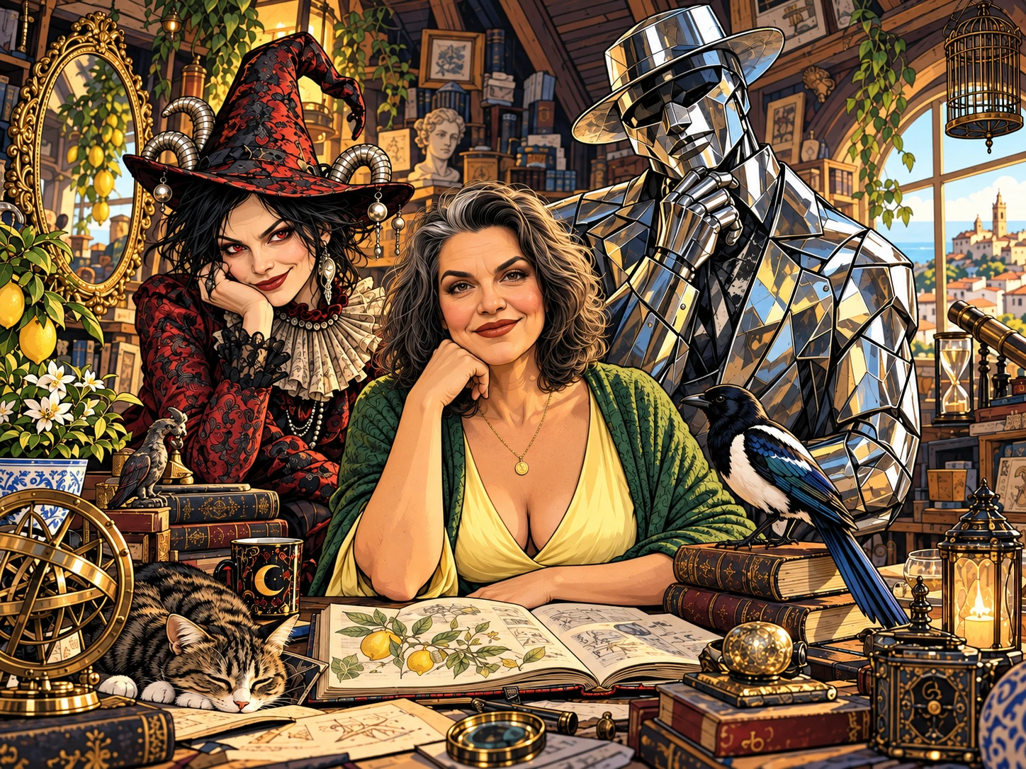 Urraca, sin gafas, con la Socarrona y Aether en su estudio lleno de libros, plantas y objetos curiosos.