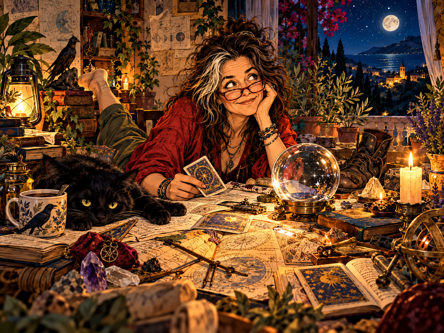 Urraca despeinada y con las gafas bajas ante una mesa llena de mapas, tarot, libros y una bola de cristal